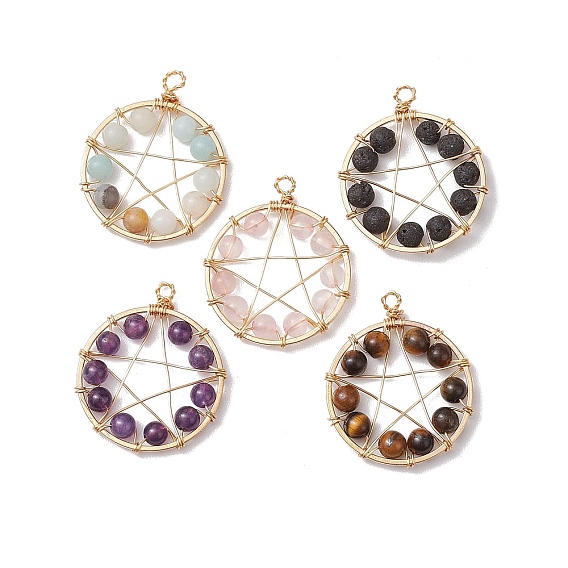 Подвески в форме звезды из натурального смешанного драгоценного камня и медной проволоки, пентаграмма прелести, золотой свет