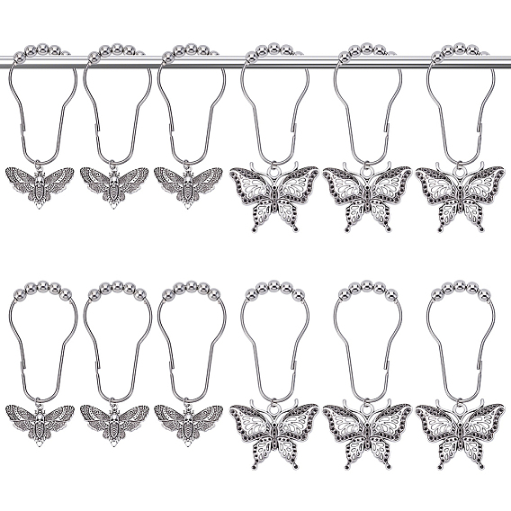 12pcs 2 style 304 anneaux de rideau de douche en acier inoxydable pour salle de bain, rouleaux à glissement facile, crochets de douche avec pendentifs en alliage, papillon