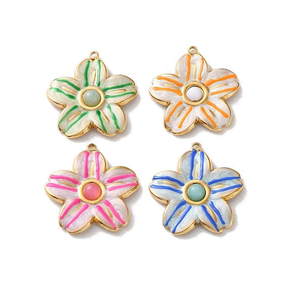 Крашеные натуральный белый нефрит подвески, 304 подвески-цветы из нержавеющей стали с эмалью, реальный 18 k позолоченный, вакуумное покрытие pvd