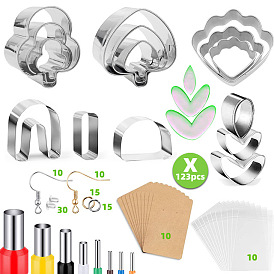 Kits de boucles d'oreilles pendantes en forme de cœur/fleur/arc, bricolage, y compris des coupe-argile en acier inoxydable, perforateur, Boucles d'oreille, anneau de saut, la carte d'affichage de papier, sac d'opp, écrous d'oreille