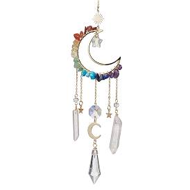 Natural & Synthetic Mixed Stone Wire Wrapped Moon Hanging Ornaments, Cone Glass Tassel Suncatchers for Home Outdoor Decoration