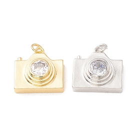 Brass Micro Pave Clear Cubic Zirconia Pendants, with Jump Rings, Cadmium Free & Lead Free, Long-Lasting Plated, Camera