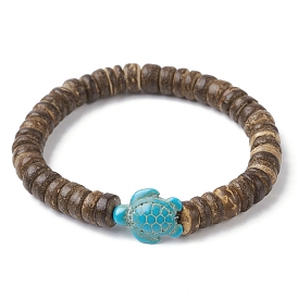 Natural Coconut Disc & Synthetic Turquoise Turtle Beaded Stretch Bracelet