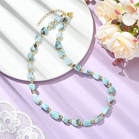 Natural Larimar & Brass Spacer Beaded Necklaces for Women, Nuggets, with 304 Stainless Steel Chain Extenders
