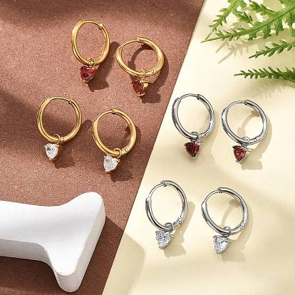 304 Серьги-кольца из нержавеющей стали с микропаве и кубическим цирконием, ионное покрытие (IP), сердце