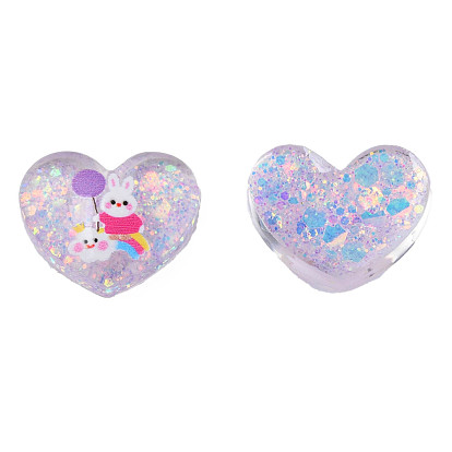Printed Translucent Epoxy Resin Cabochons, with Paillettes, Heart with Rabbit Pattern