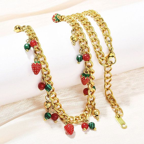 Круглые бусины из натурального сердолика и синтетического малахита с кисточкой из красной клубники 304 ожерелья из витой цепи из нержавеющей стали