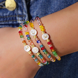 Handmade Bohemian Colorful Faceted Rondelle Glass Beaded Stretch Bracelets, Alphabet Natural White Shell Bracelets for Women