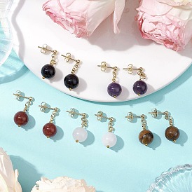 Круглые бусины из драгоценных камней и 304 компоненты из нержавеющей стали серьги-подвески для женщин, золотые