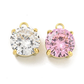 Vacuum Plating Real 18K Gold Plated 304 Stainless Steel Cubic Zirconia Pendants, Flat Round Charms, Clear/Pink