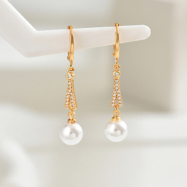 Elegant Stainless Steel Pearl Hoop Earrings, with Geometric Design and Sparkling Rhinestone