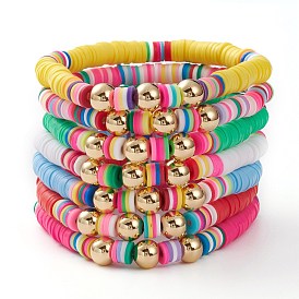 7Pcs Rainbow Polymer Clay Heishi Beads Stretch Bracelets Set, Stackable Bracelets, with Golden Plated Brass Round Beads