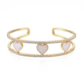 Enamel Heart Open Cuff Bangle with Clear Cubic Zirconia, Real 18K Gold Plated Brass Jewelry for Women