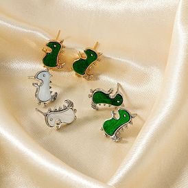 Cute Dinosaur Stud Earrings with Rhinestones, French Style, Versatile