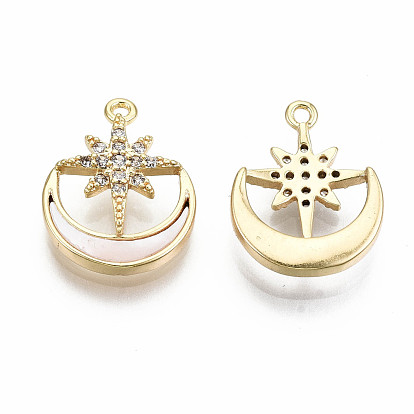Brass Micro Pave Clear Cubic Zirconia Pendants, with Freshwater Shell, Nickel Free, Star with Moon