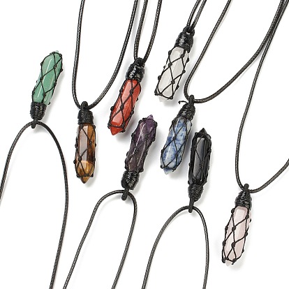Adjustable Natural Gemstone Pendant Necklaces, with Waxed Cord, Faceted Bullet