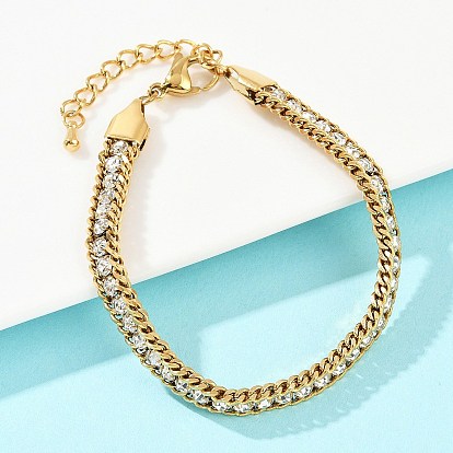 304 Браслеты из нержавеющей стали с панцирной цепью для женщин, с кристально горный хрусталь, ионное покрытие (ip)