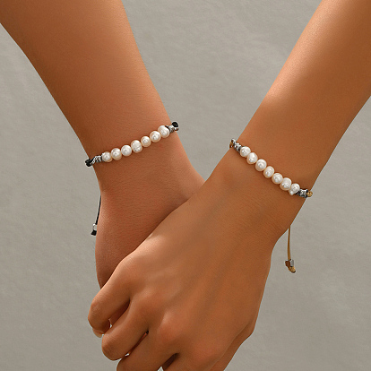 Bohemian Natural Cultured Pearl Rice Braided Bead Bracelets with 201 Stainless Steel Beads, Adjustable Cord Jewelry