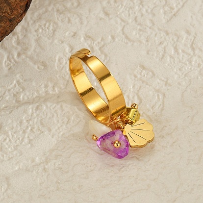 304 регулируемые кольца из нержавеющей стали с аметистом для женщин, с подвеской в виде ракушки