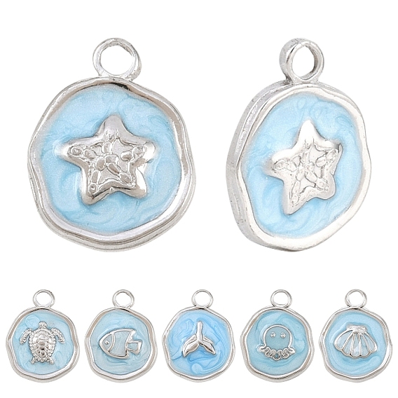 6Pcs 6 Styles 304 Stainless Steel Pendants, with Enamel, Flat Round, Ion Plating(IP)