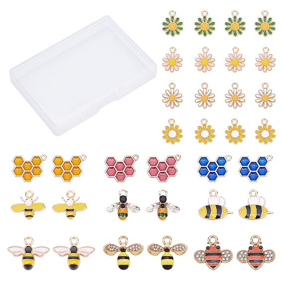 34Pcs 13 Style Alloy Pendants, with Enamel, Flower & Bees & Honeycomb