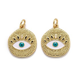 Brass Enamel Pendants, with Jump Ring, Long-Lasting Plated, Real 18K Gold Plated, Flat Round with Evil Eye