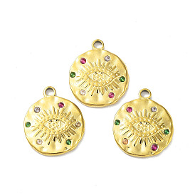 304 Stainless Steel Pendants, with Colorful Rhinestone, Flat Round with Eye Charm
