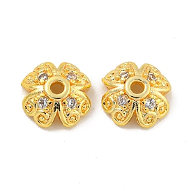 Rack Plating Brass Micro Pave Clear Cubic Zirconia Bead Caps, Long-Lasting Plated, Lead Free & Cadmium Free, Flower