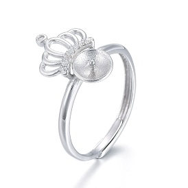 Montures de bague réglables en argent sterling avec siège en perle, pour la moitié de perles percées, avec zircons, avec cachet 925, couronne