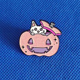 Pink Pumpkin and White Kitten Brooch Glitter Jack-O-Lantern Badge Halloween Cute Jewelry Accessory Gift