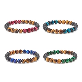 4Pcs 4 Colors Natural Tiger Eye & Black Agate(Dyed) Round Beaded Stretch Bracelets Set, Gemstone Jewelry for Women