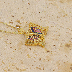 Stylish Butterfly Pendant with Micro-Inlaid Colorful Zirconia on 18K Gold-Plated Collarbone Chain
