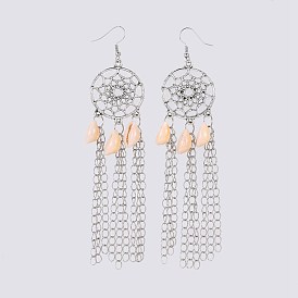 Cowrie Shell Dangle Earrings, with Alloy Findings, Brass Chains & Earring Hooks, Woven Net/Web with Feather