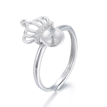 Montures de bague réglables en argent sterling avec siège en perle, pour la moitié de perles percées, avec zircons, avec cachet 925, couronne