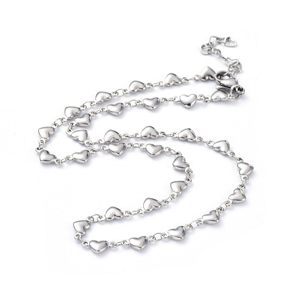 304 Stainless Steel Heart Link Chain Necklaces, with Lobster Claw Clasps