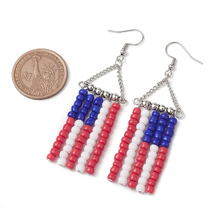 Alloy Triangle Chandelier Earrings, Independence Day Theme Glass Beaded Tassel Earrings