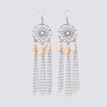 Cowrie Shell Dangle Earrings, with Alloy Findings, Brass Chains & Earring Hooks, Woven Net/Web with Feather