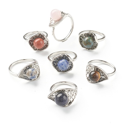 Adjustable Gemstone Cuff Rings, Open Rings, with Platinum Tone Brass Findings, Leaf