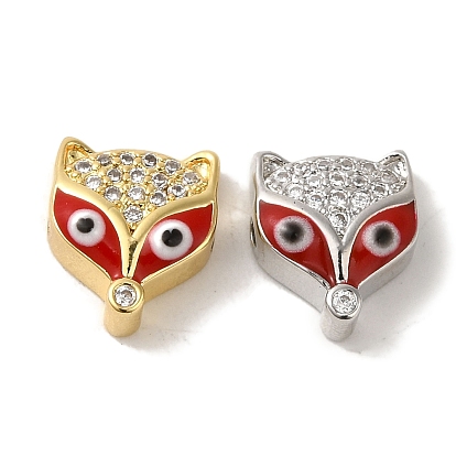 Rack Plating Brass Micro Pave Clear Cubic Zirconia with Enamel Pendant, Cadmium Free & Lead Free, Long-Lasting Plated, Fox