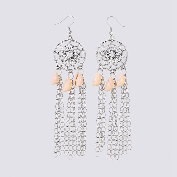 Cowrie Shell Dangle Earrings, with Alloy Findings, Brass Chains & Earring Hooks, Woven Net/Web with Feather
