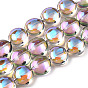 Прозрачные гальванические стеклянные бусины, с половиным покрытием цвета радуги, плоско-круглые