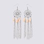 Cowrie Shell Dangle Earrings, with Alloy Findings, Brass Chains & Earring Hooks, Woven Net/Web with Feather