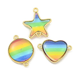 Rack Plating Brass Pave Rainbow Color Resin Heart/Star/Flat Round Connector Charms, Real 18K Gold Plated, Cadmium Free & Lead Free