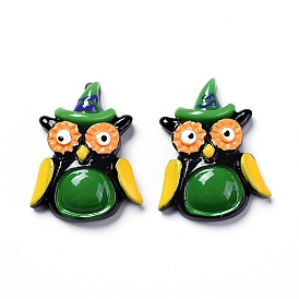 Halloween Theme Opaque Resin Cabochons, for Jewelry Making, Owl, with Magic Hat, Flat Back
