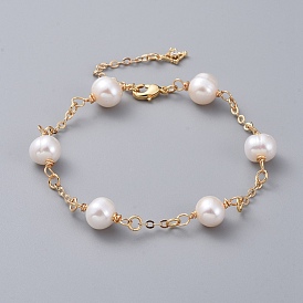 Natural Cultured Freshwater Pearl Beads Link Bracelets, with Brass Cable Chains, Cubic Zirconia Charms and Lobster Claw Clasps, Cardboard Box