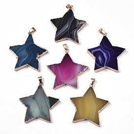 Natural Banded Agate/Striped Agate Pendants, with Light Gold Pleated Edge and Iron Bail, Star, Dyed