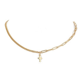 304 Stainless Steel Cross Pendant Necklaces, with Brass Paperclip & Curb Chains