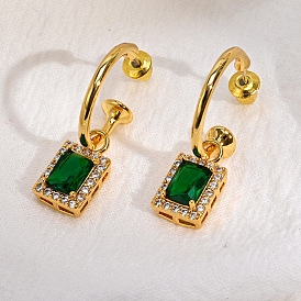 Vintage Brass 14k Gold Plated Earrings with Mother of Pearl Green Cubic Zirconia Dangles