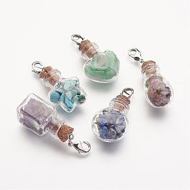 Natural & Synthetic Gemstone Pendants Decorations, with Glass Bottle for Bead Containers and Brass Lobster Claw Clasps, Mixed Shape