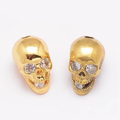 Brass Micro Pave Cubic Zirconia Beads, Skull, Lead Free & Nickel Free & Cadmium Free, Clear